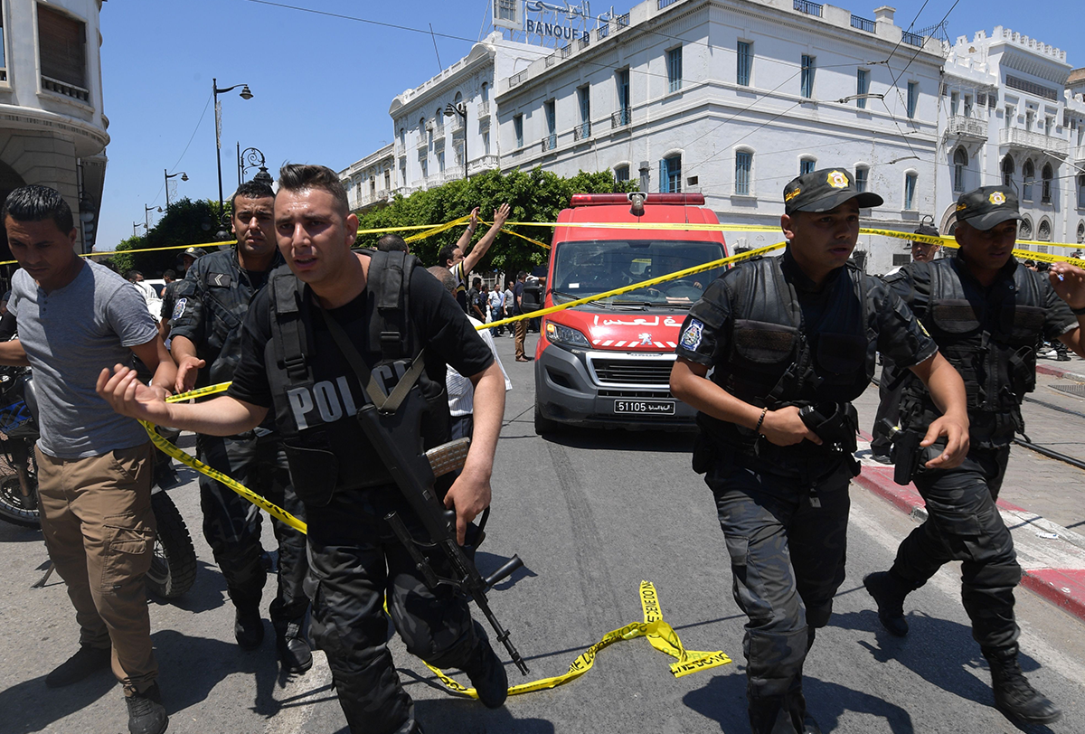 A suicide attack targeted police on the main street of Tunisia's capital morning, wounding a civilian and several police personnel, a police officer at the scene told AFP. (Photo by Fethi Belaid / AFP) (Photo credit should read FETHI BELAID/AFP via Getty Images)