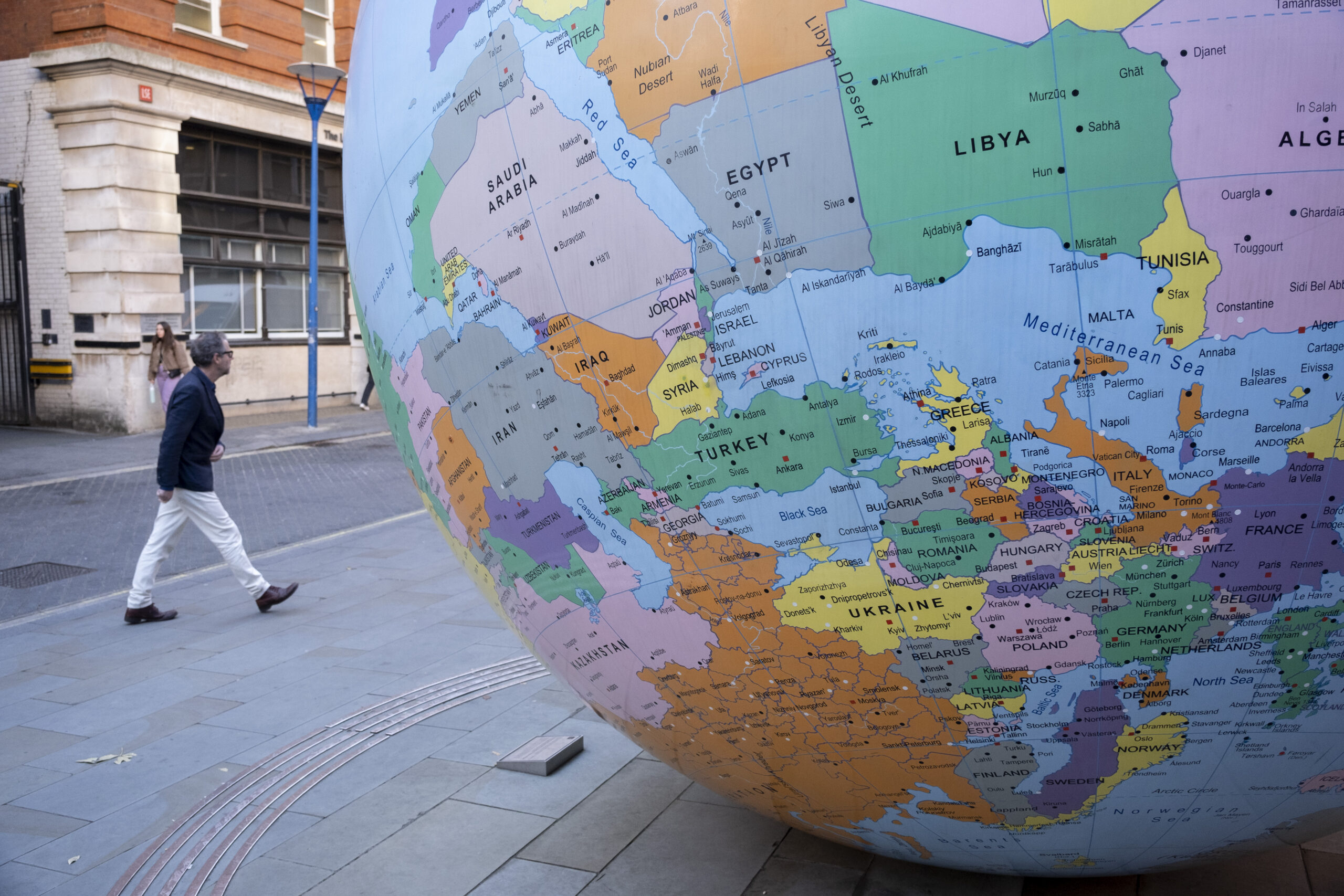 The Middle East and Europe are seen upside down on the public art sculpture The World Turned Upside Down by artist Mark Wallinger on 6th December 2022 in London, United Kingdom. Photo by Mike Kemp/In Pictures via Getty Images