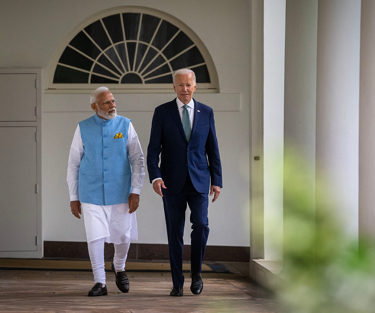 U.S. President Joe Biden walks with Indian Prime Minister Narendra Modi toward the Oval Office during an official state Visit in Washington, D.C. in June 2023. Photo by Bill O'Leary/The Washington Post via Getty Images.
