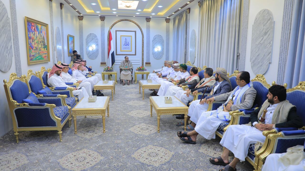 A handout photo released by Yemen’s Houthi-run Saba News Agency shows the Omani and Saudi delegations in meetingHouthi officials, on April 9, 2023, in Sana’a, Yemen. Photo Handout/Saba News Agency via Getty Images.