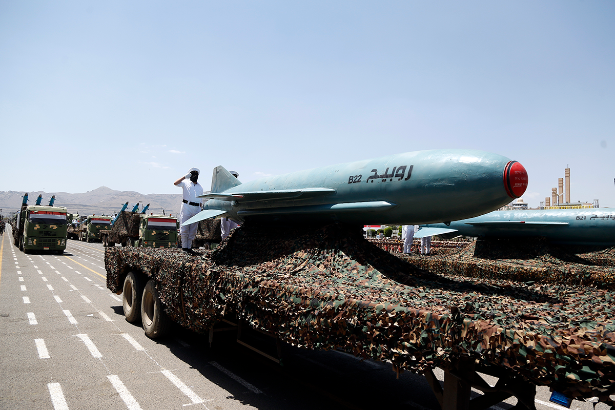 The Houthis hold a military parade commemorating the ninth anniversary of their takeover of Sana’a on Sept. 21, 2023, inSana’a, Yemen. Photo by Mohammed Hamoud/Getty Images.