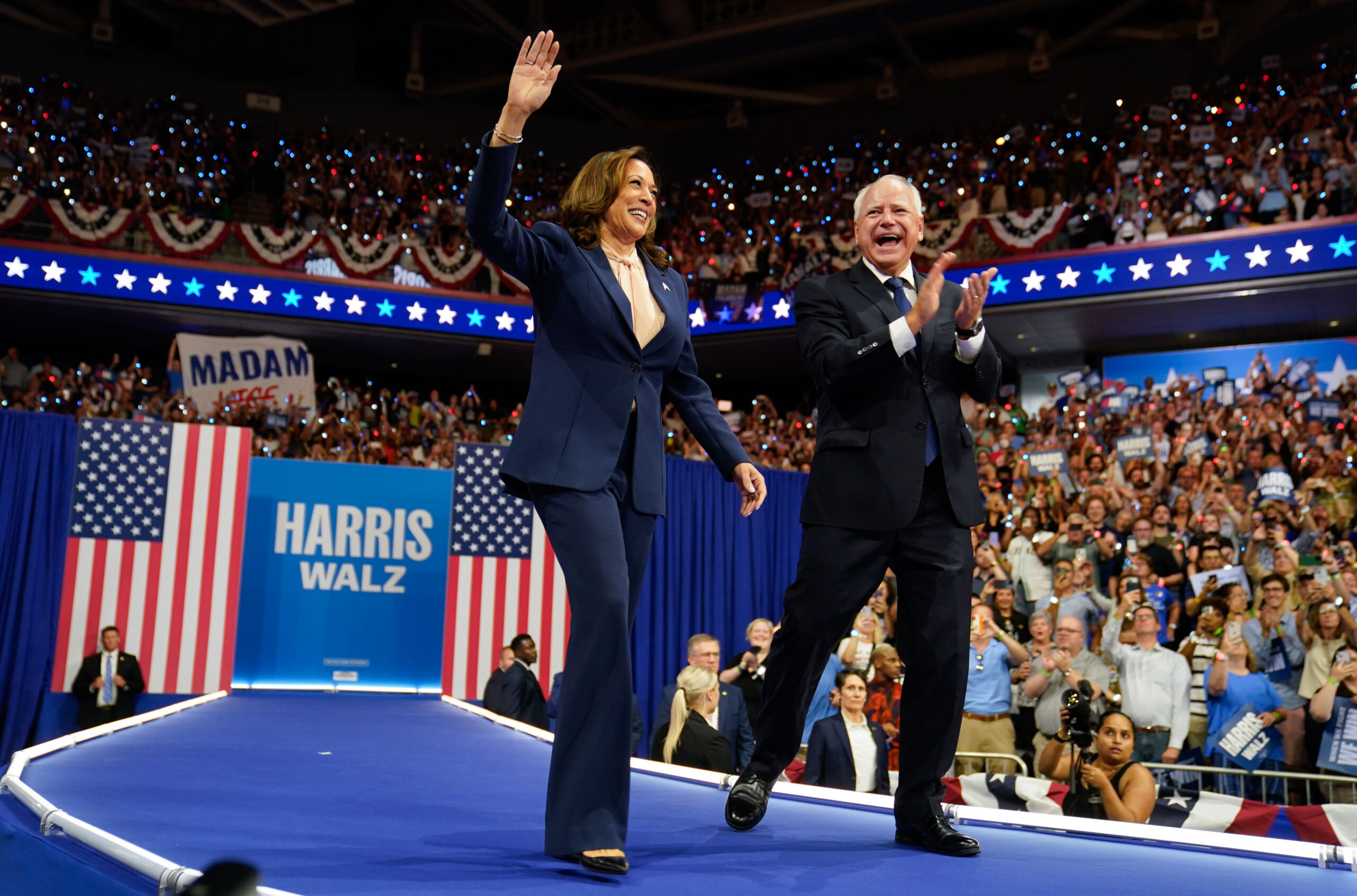 Photo above: Vice President and Democratic presidential candidate Kamala Harris and Democratic vice presidential candidate Minnesota Gov. Tim Walz walk on stage together during a campaign event in Philadelphia, PA., Aug. 6, 2024. Photo by Demetrius Freeman/The Washington Post via Getty Images.