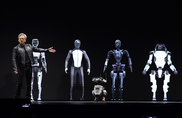 Nvidia CEO Jensen Huang delivers a keynote address during the Nvidia GTC Artificial Intelligence Conference in San Jose, California, on March 18, 2024. Photo by Justin Sullivan/Getty Images.