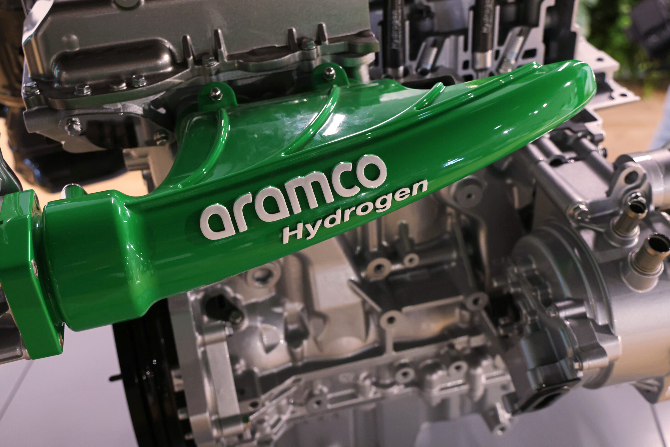 A Saudi Aramco hydrogen engine stands on display in the Saudi Arabia pavilion on day four of the COP28 Climate Conference at Expo City Dubai, on December 3, 2023, in Dubai, United Arab Emirates. Photo by Sean Gallup/Getty Images.