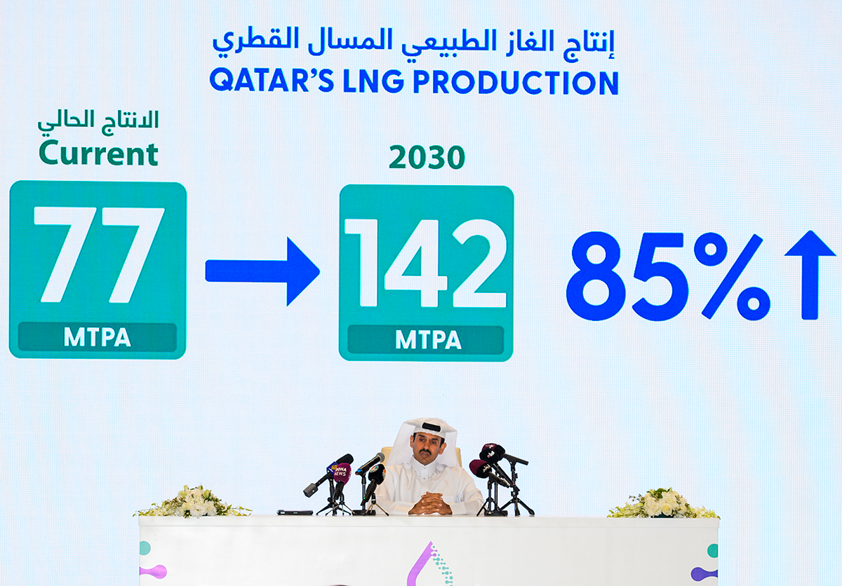 Qatar’s Energy Minister and CEO of QatarEnergy, Saad Sherida al-Kaabi, announces a new liquefied natural gas expansion project at QatarEnergy headquarters in Doha on February 25, 2024. Photo by Noushad Thekkayil/NurPhoto via Getty Images.