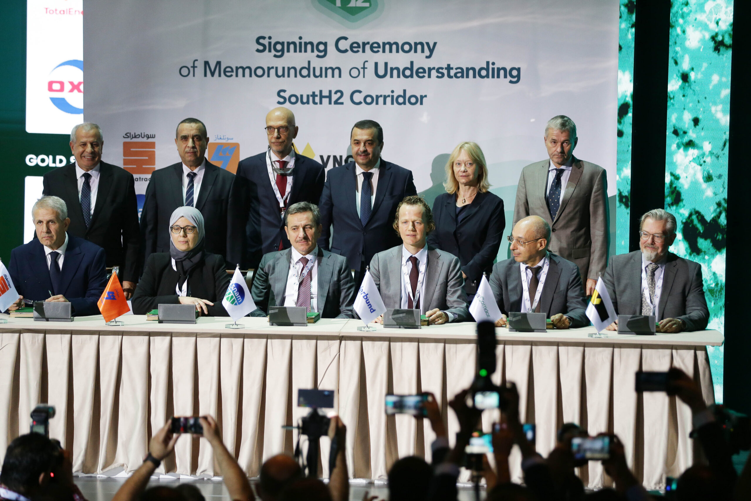 Signing ceremony for the SoutH2 Corridor memorandum of understanding at the 12th Africa & Mediterranean Energy & Hydrogen Exhibition and Conference (NAPEC 2024) in Oran, Algeria, on October 14, 2024. Photo by APP/NurPhoto via Getty Images.