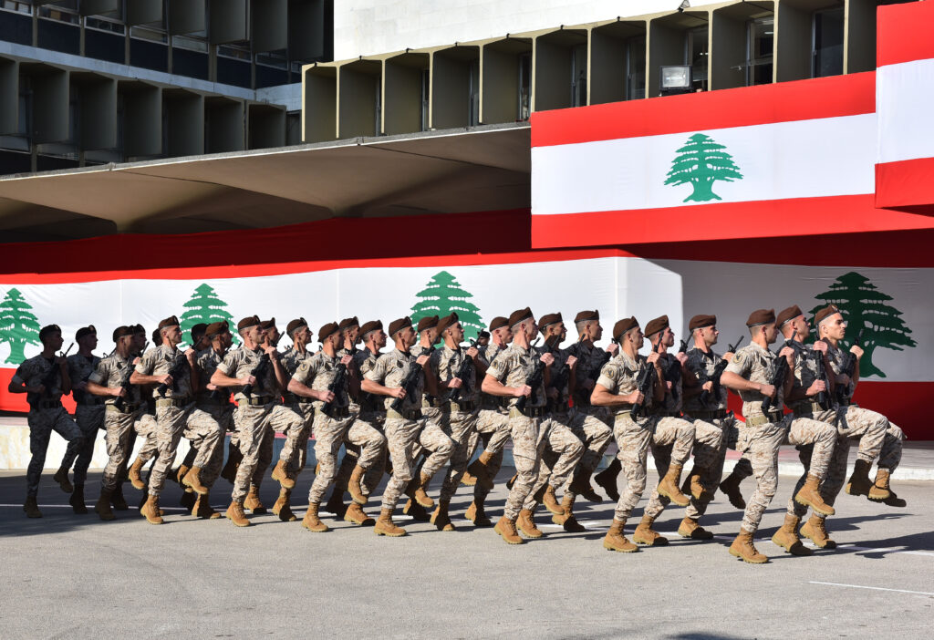 Lebanese Army troops take part in a military parade marking the 78th anniversary of Lebanon’s Independence Day held at the Ministry of Defense in Yarzeh on the eastern outskirts of Beirut on Nov. 22, 2021. Photo by Fadel Itani/NurPhoto via Getty Images. 