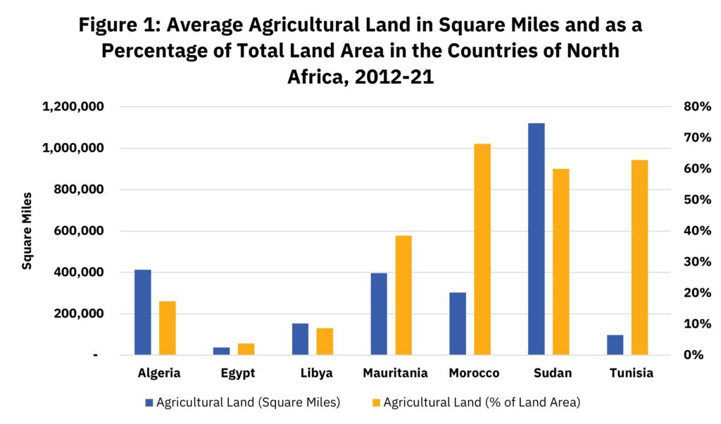 Figure 1: Average Agricultural Land in Square Miles and as a Percentage of Total Land Area in the Countries of North Africa, 2012-21