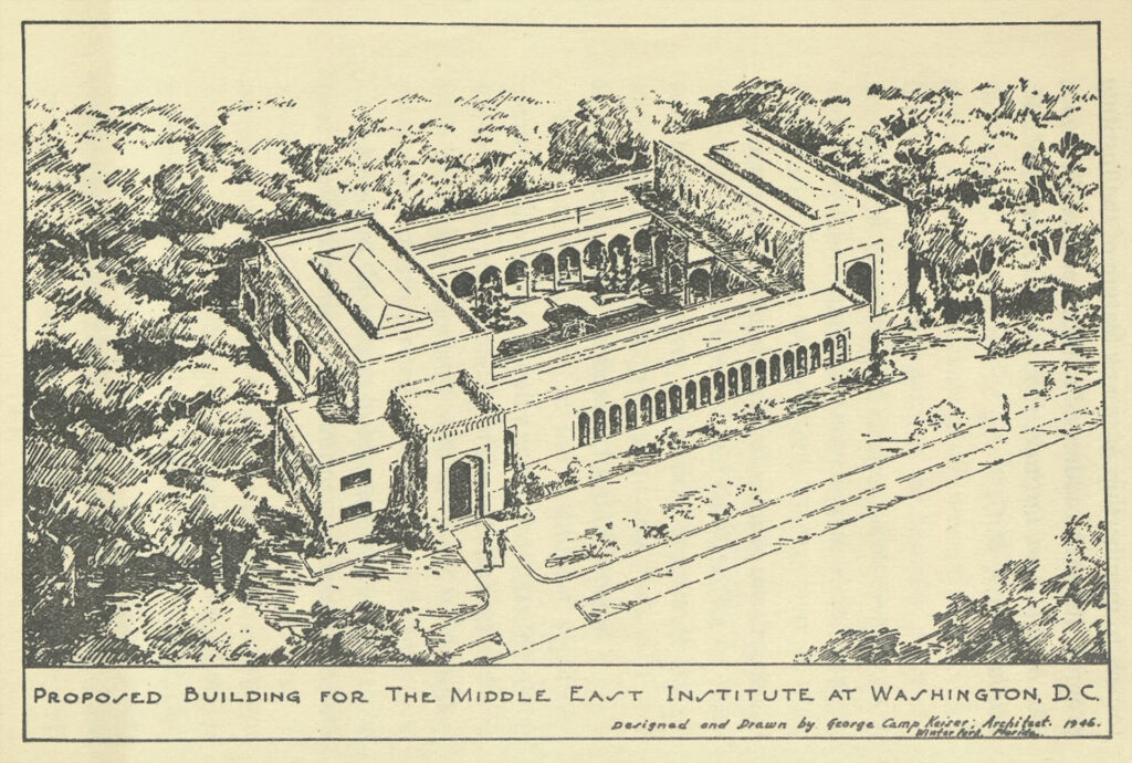 An early proposed design for MEI's headquarters drawn by George Camp Keiser in 1946. Though never constructed, the arched terraces are echoed in the rear courtyard of MEI's renovated office opened in 2019.