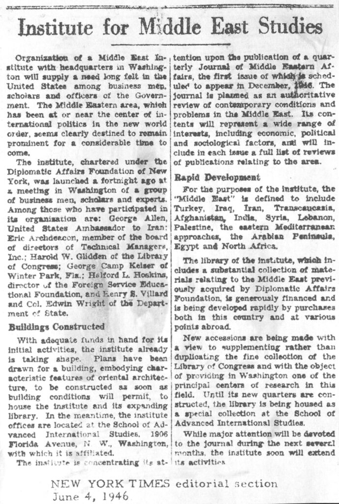 New York Times Announcement of the establishment of the Middle East Institute