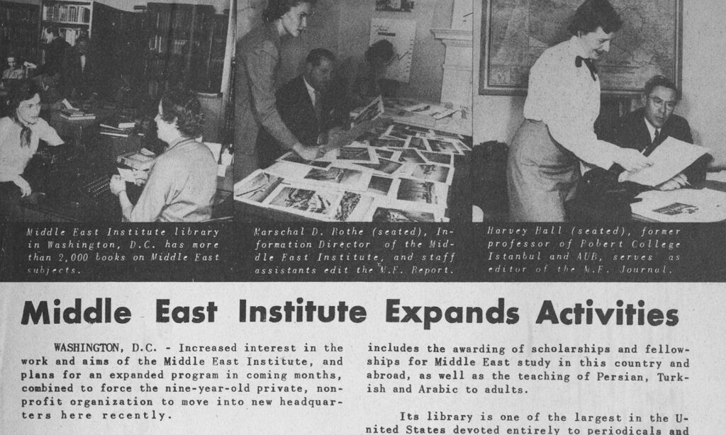 A 1955 announcement about MEI's relocation to larger headquarters, including photos of the Institute's Library and Harvey P. Hall, the first editor of The Middle East Journal.