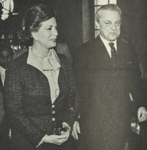 MEI President L. Dean Brown with Egypt's First Lady Jehan Sadat at launch of MEI cultural program, 'Egypt Today,' 1981.