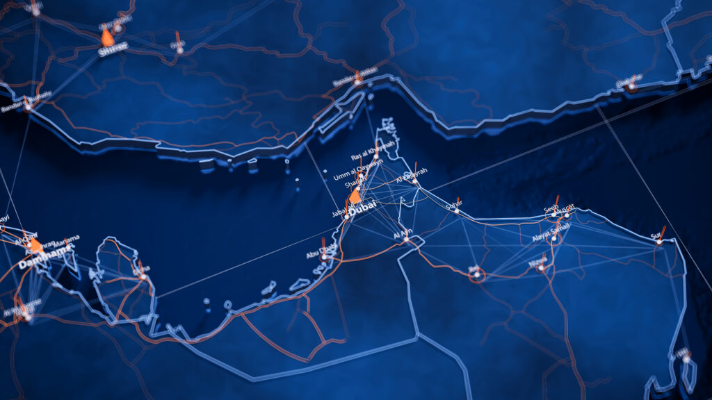 Dubai map big data visualization. Futuristic map infographic of city in United Arab Emirates. Visual map data complexity in modern blue and orange colors.