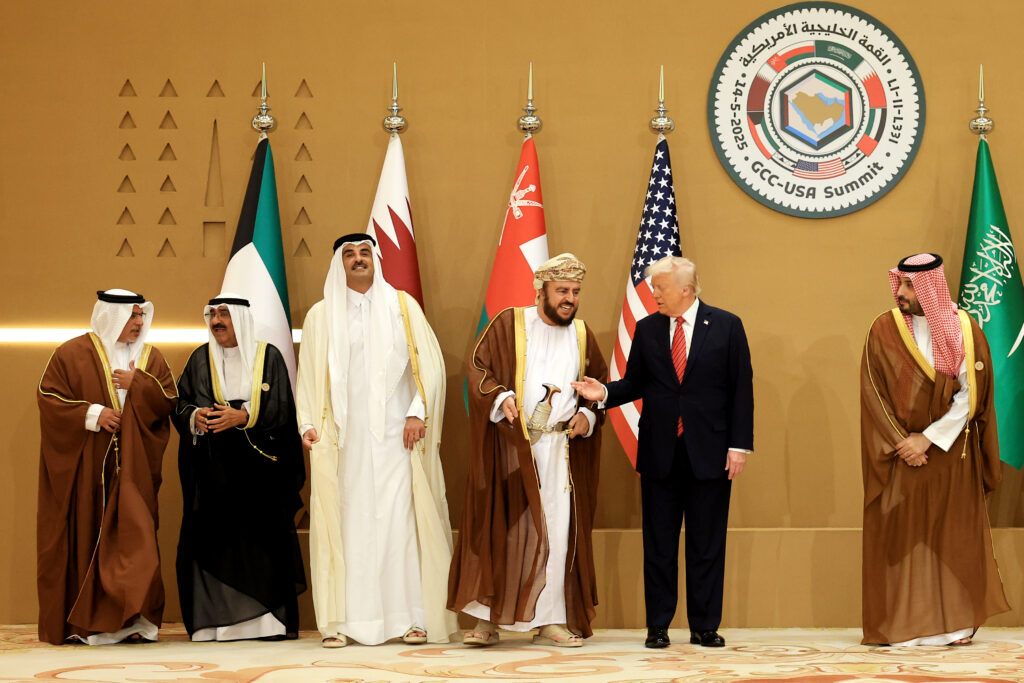 RIYADH, SAUDI ARABIA - MAY 14: U.S. President Donald Trump (2R) and Saudi Crown Prince Mohammed bin Salman (R) prepare to pose for photos with leaders during the Gulf Cooperation Council (GCC) Leaders’ Summit at The Ritz-Carlton on May 14, 2025 in Riyadh, Saudi Arabia. The council addresses regional stability, defense cooperation, and energy policy among Gulf nations. Trump is on a multi-nation tour of the Gulf region focused on expanding economic ties and reinforcing security cooperation with key U.S. allies. (Photo by Win McNamee/Getty Images)