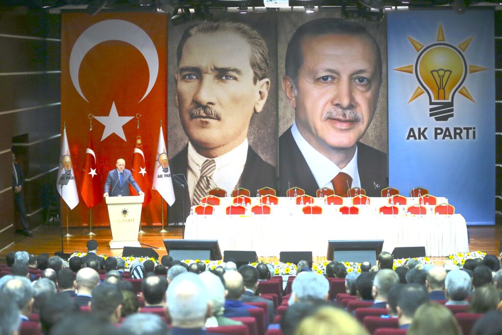 Turkish President Recep Tayyip Erdoğan delivers a speech during a meeting with provincial heads at the ruling Justice and Development Party (AKP) headquarters in Ankara, Turkey, on March 11, 2020. Source: Halil Sagirkaya/Anadolu Agency via Getty Images.