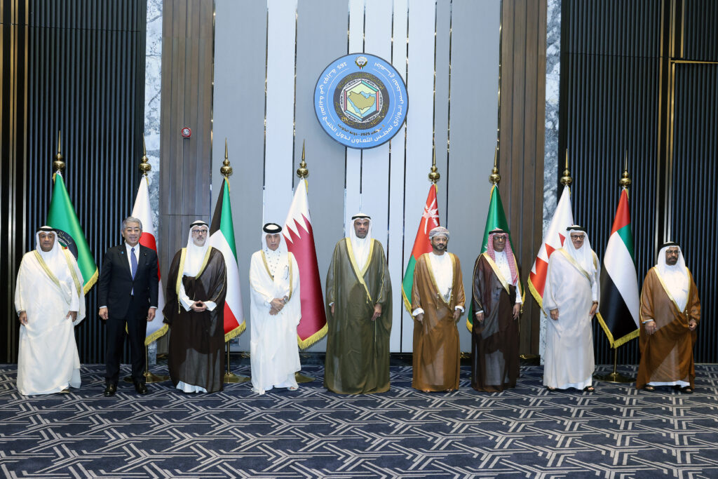 GCC Secretary-General Jassim al-Budaiwi, Japan's Foreign Minister Takeshi Iwaya, and GCC member-state foreign ministers pose for a group photo following a GCC meeting in Kuwait City on September 1, 2025. Source: Yasser Al-Zayyat/AFP via Getty Images.