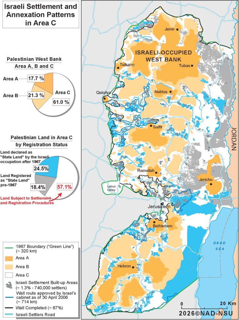 Map of Israeli settlement and annexation patterns in Area C. Source: Negotiations Affairs Department of the Palestinian Authority, 2026.