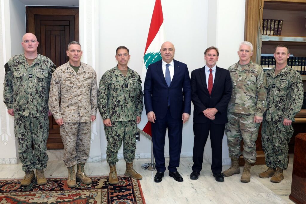 Lebanese President Joseph Aoun receives US Central Command Commander Admiral Brad Cooper and other US military officials at the Baabda Palace in Beirut, Lebanon, on June 29, 2026. Photo by Lebanese Presidency/Handout/Anadolu via Getty Images.