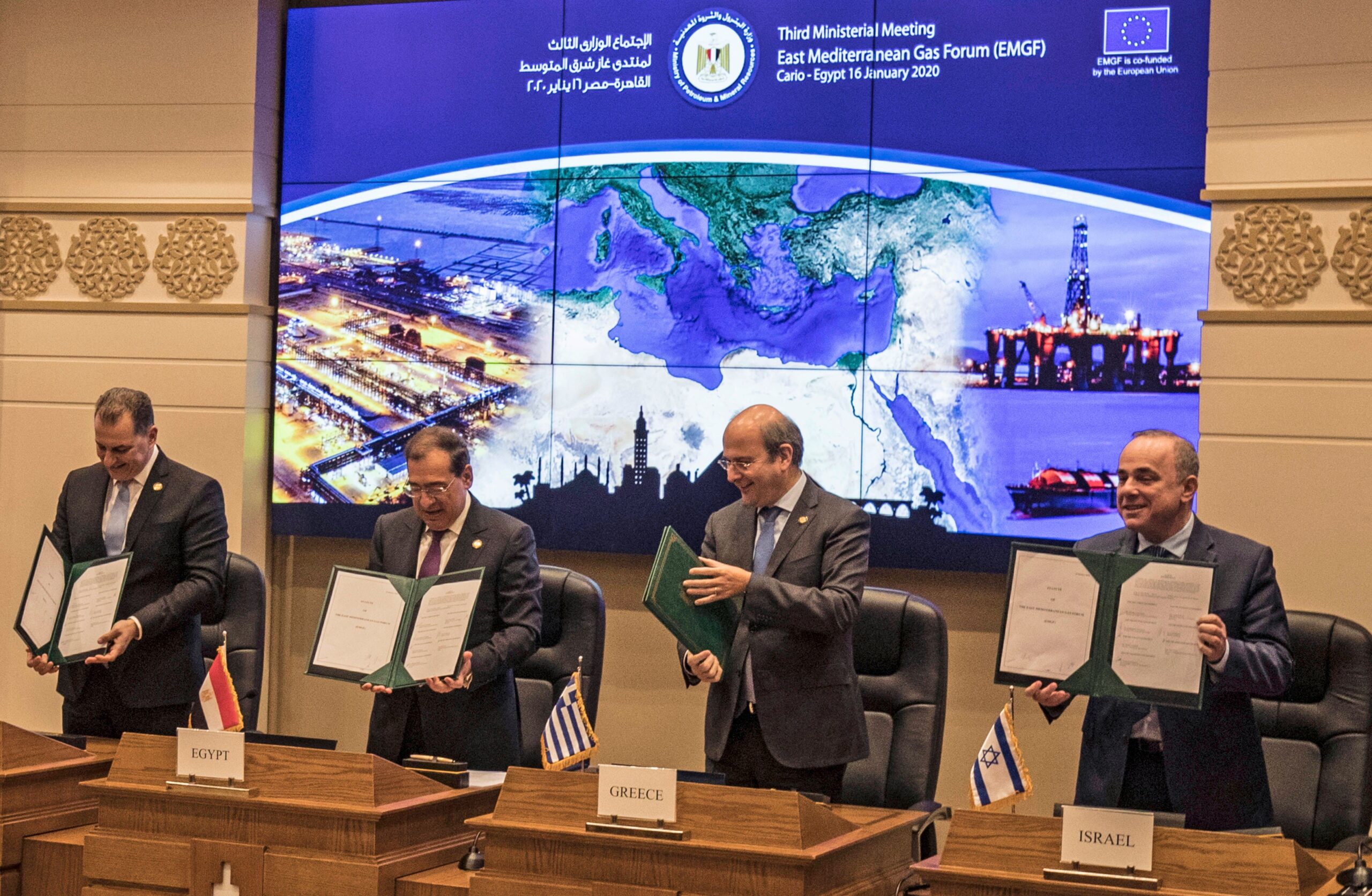 Energy ministers from Israel, Greece, Egypt, and Cyprus attend the Eastern Mediterranean Gas Forum on January 16, 2020, in Cairo, Egypt.Photo by Khaled Desouki/AFP via Getty Images.