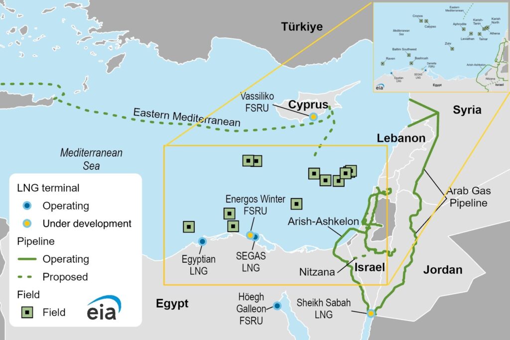 Map of the Eastern Mediterranean region. Source: US Energy Information Administration, Global Energy Monitor, Global Gas InfrastructureTracker, and the World Bank Group, September 3, 2025.