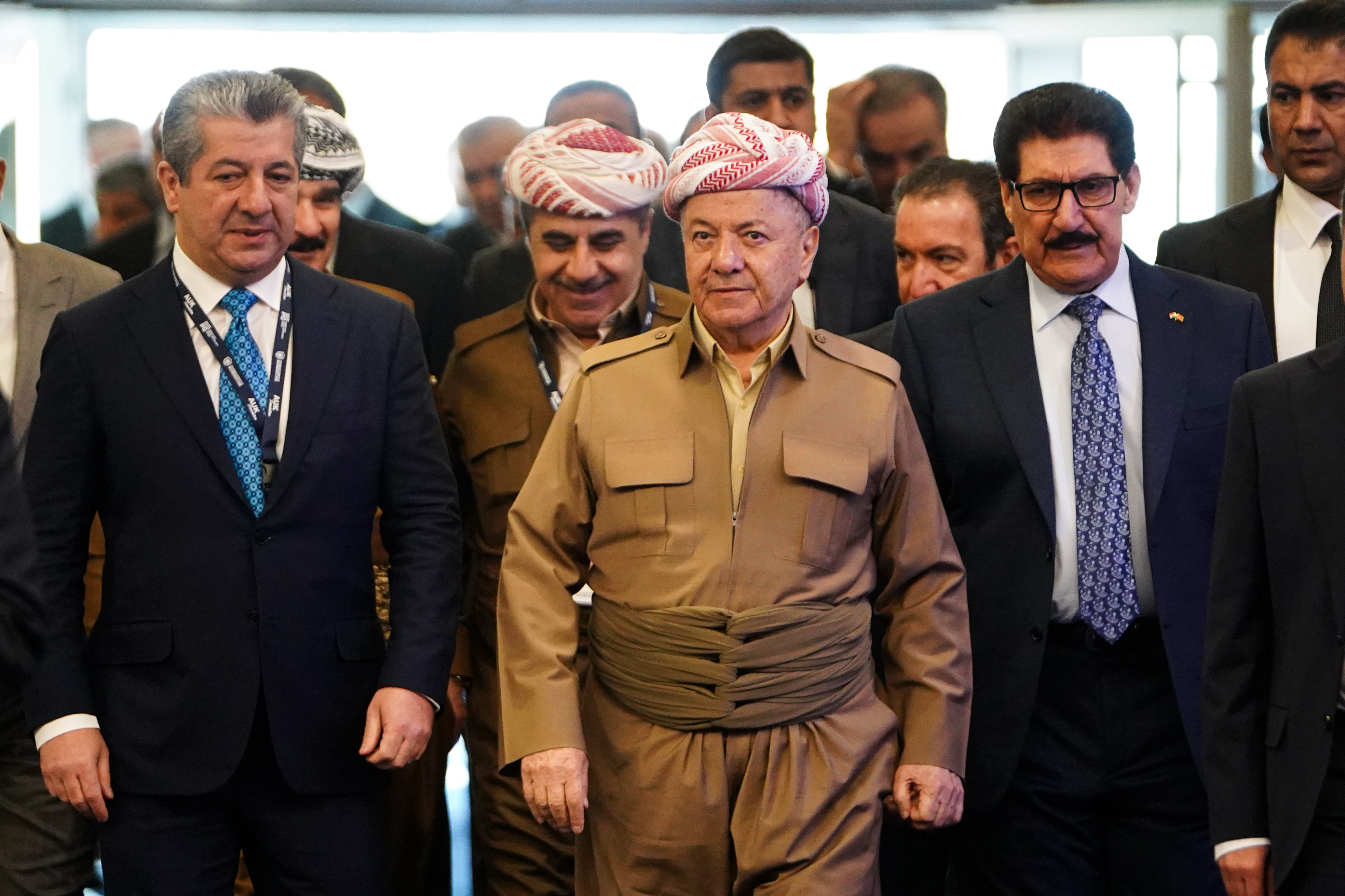 Masrour Barzani, Prime Minister of the KRI, receives Masoud Barzani, President of the KDP, as he arrives to attend the Middle East Peace and Security Forum (MEPS), November 11, 2025. Source: Ismael Adnan/SOPA Images/LightRocket via Getty Images.