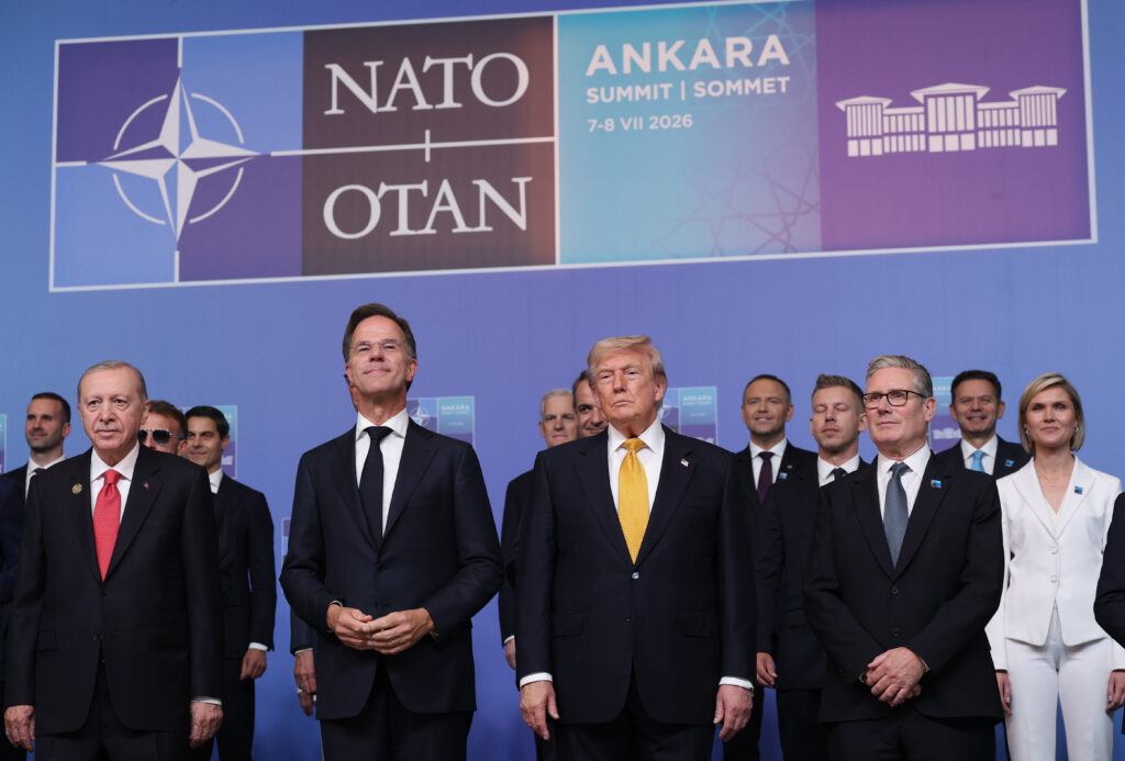 (L-R) Recep Tayyip Erdoğan, President of Turkey, Mark Rutte, Secretary General of NATO, Donald Trump, President of United States and Keir Starmer, Prime Minister of United Kingdom during a welcome ceremony for the NATO Summit on July 8, 2026, in Ankara, Turkey. Photo by Win McNamee/Getty Images.