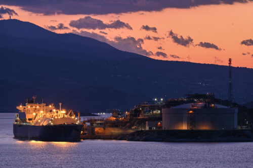 LNG tanker unloading at Revithoussa Terminal near Athens on May 2, 2026. Photo by Nicolas Koutsokostas/NurPhoto via Getty Images.